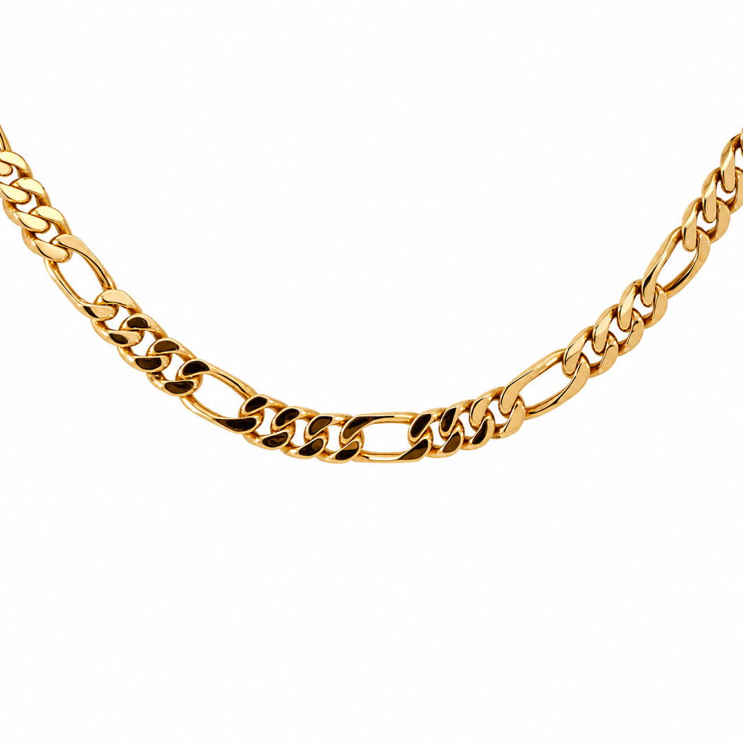 14K yellow gold Figaro chain necklace featuring polished 5MM alternating links in a classic 21-inch design.