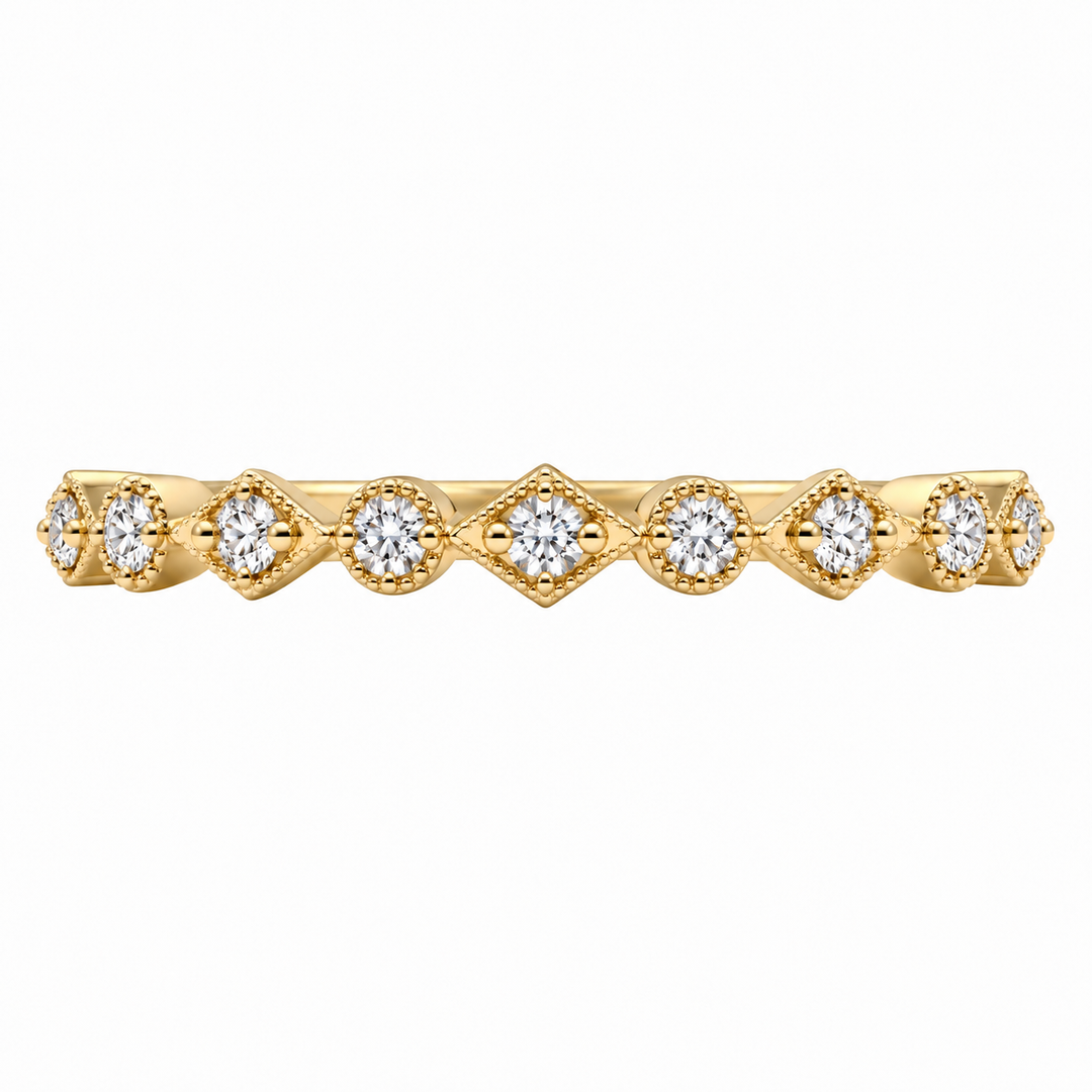 14K yellow gold geometric diamond wedding band featuring 0.21CTW natural round diamonds in alternating round and diamond-shaped settings.