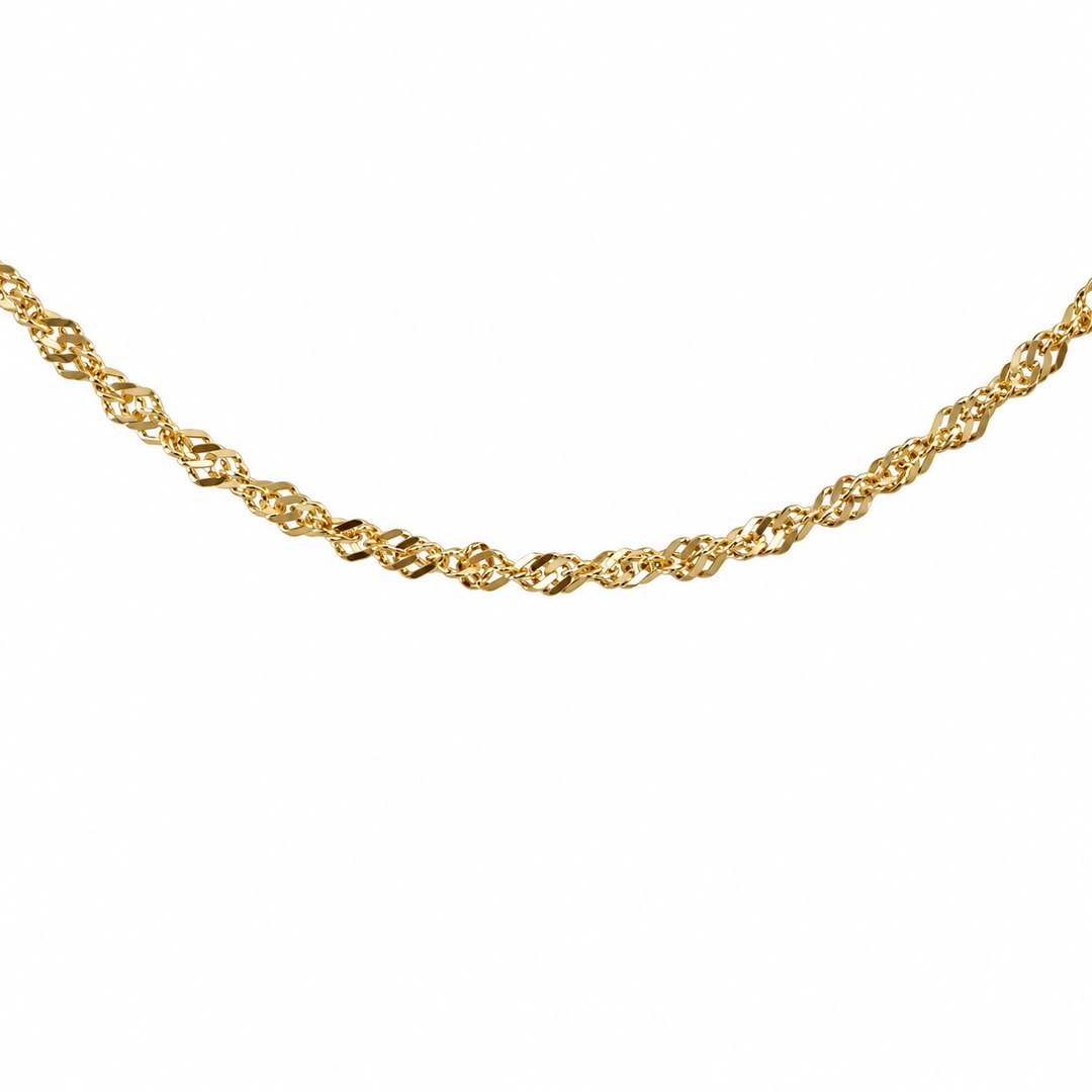 14K yellow gold loose rope chain necklace featuring a twisted rope link design, 2.1MM width, and 29-inch length.