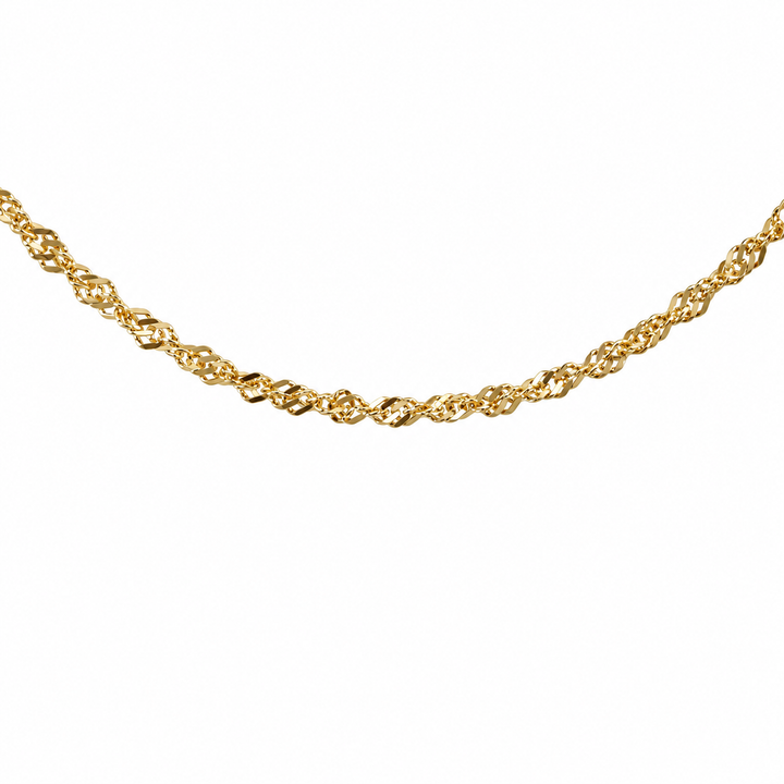 14K yellow gold loose rope chain necklace featuring a twisted rope link design, 2.1MM width, and 29-inch length.