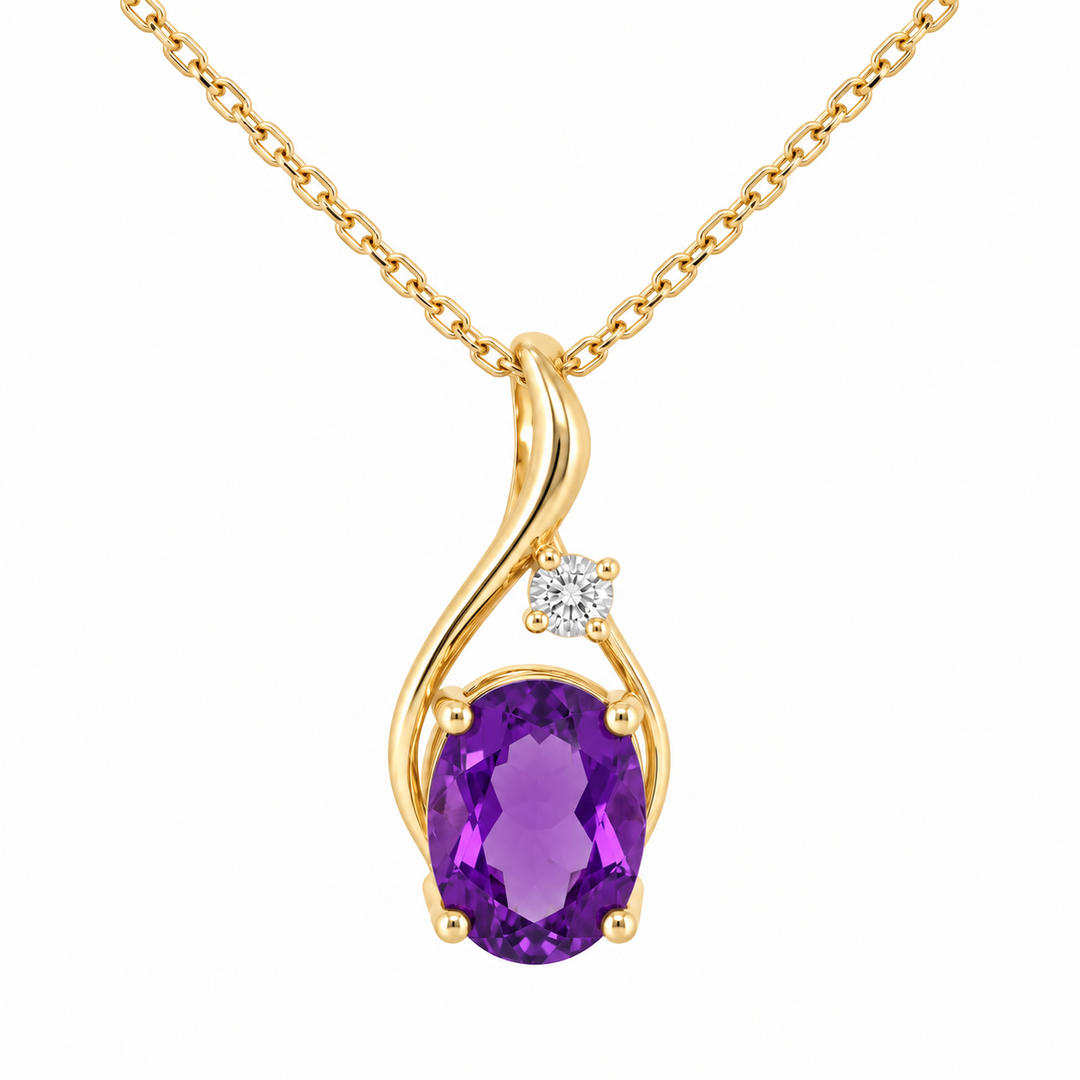 14K yellow gold amethyst and diamond swirl pendant featuring a 1.11CT natural oval purple amethyst accented by sparkling diamonds.