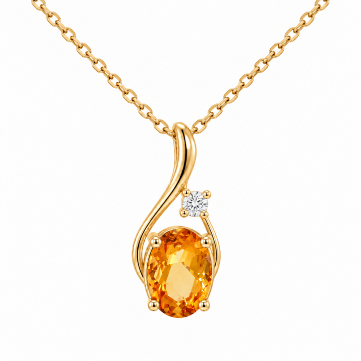 14K yellow gold citrine and diamond swirl pendant featuring a 1.07CT natural oval citrine and 0.05CTW round diamonds in an elegant curved design.