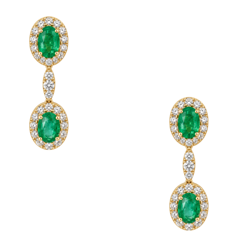 14K yellow gold emerald and diamond halo dangle earrings featuring natural oval emeralds surrounded by sparkling diamonds, totaling 2.68CTW.