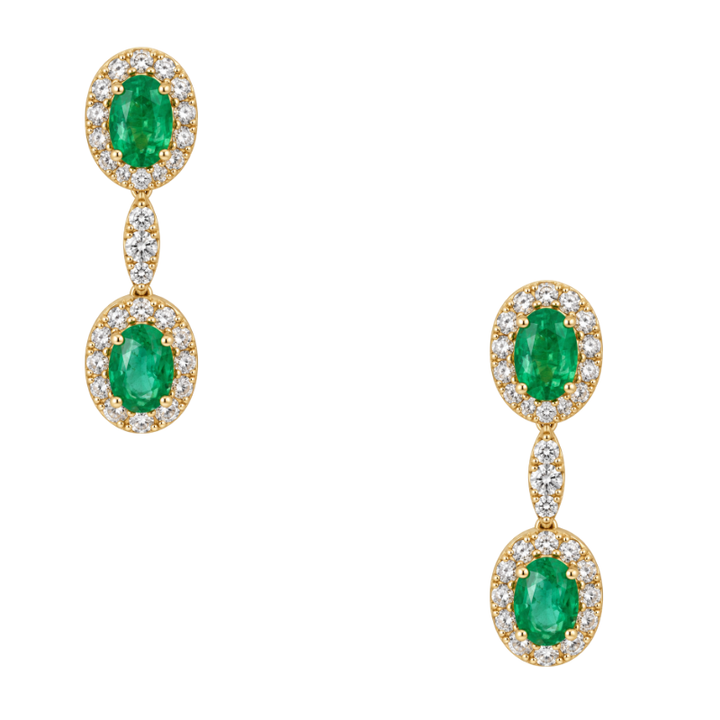 14K yellow gold emerald and diamond halo dangle earrings featuring natural oval emeralds surrounded by sparkling diamonds, totaling 2.68CTW.