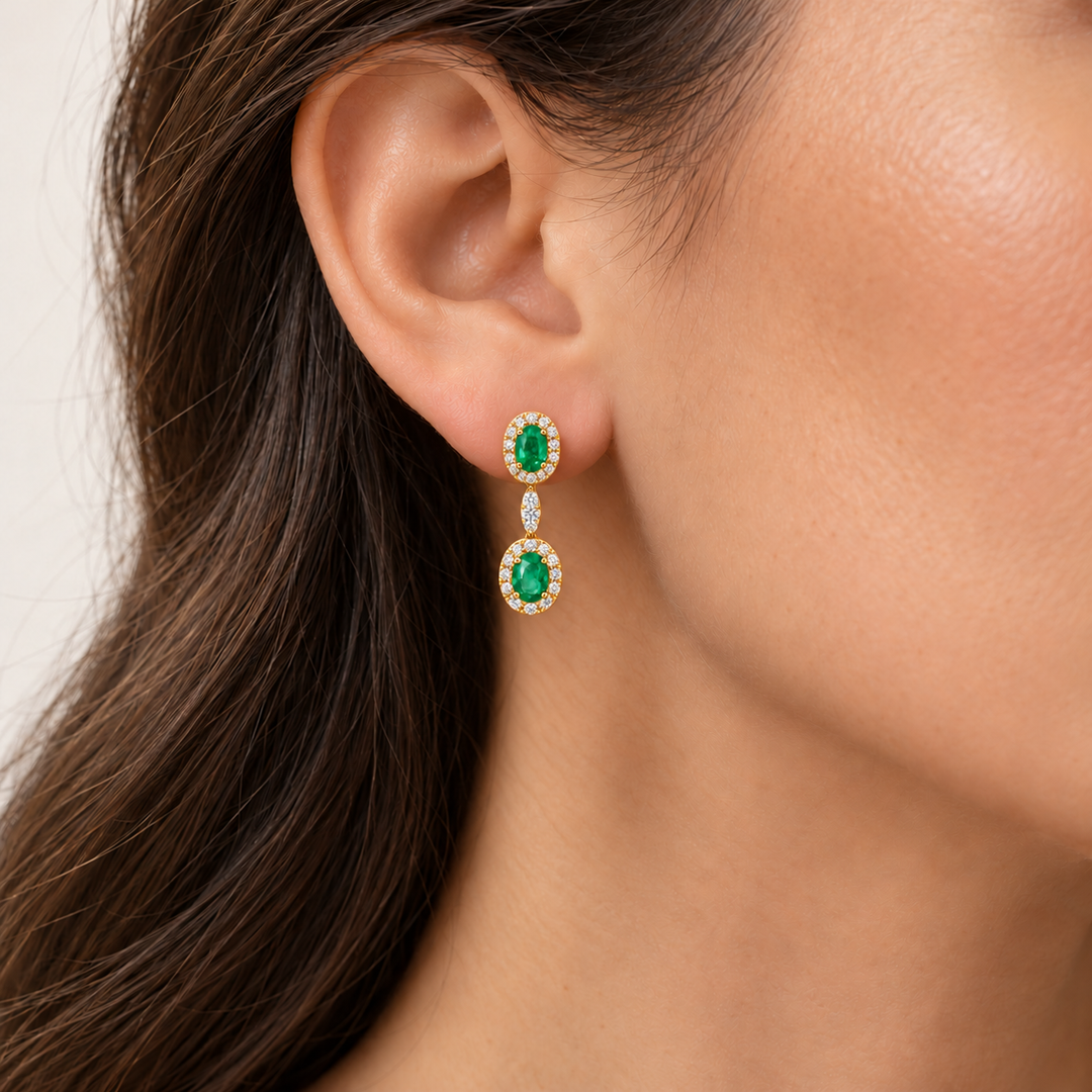 Natural Oval Emerald &amp; Diamond Halo Dangle Earrings 14K Yellow Gold 2.68CTW
