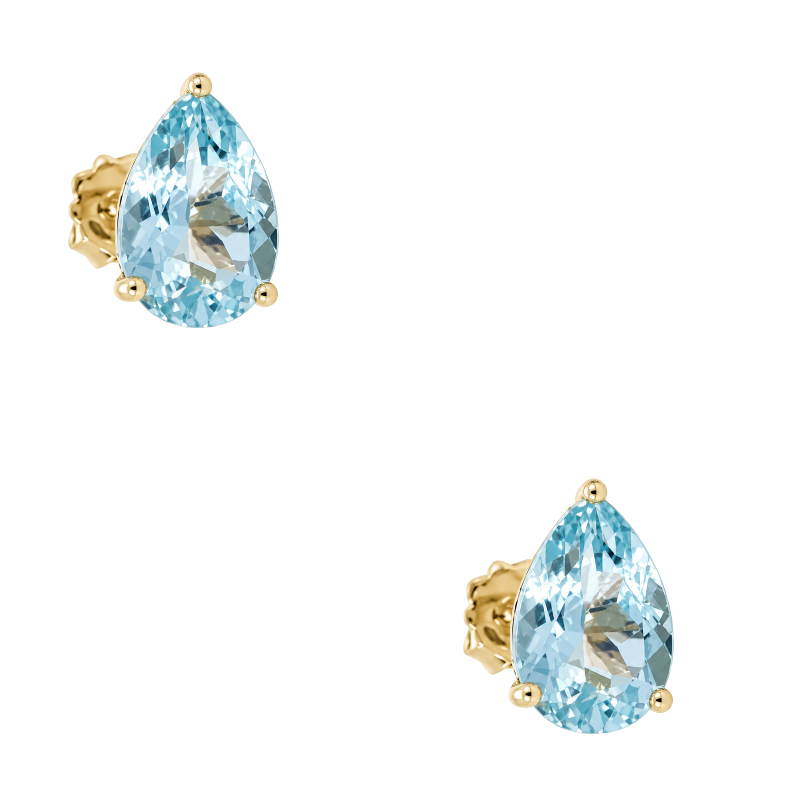 14K yellow gold pear shaped aquamarine stud earrings featuring 2.45CTW light blue aquamarine gemstones.