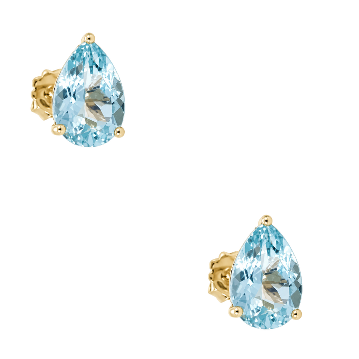 14K yellow gold pear shaped aquamarine stud earrings featuring 2.45CTW light blue aquamarine gemstones.