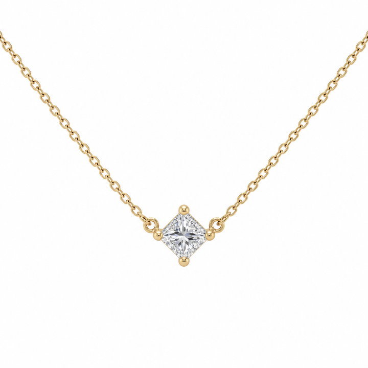 14K yellow gold princess cut diamond floating necklace featuring a 0.22CT diamond solitaire pendant in a delicate, minimalist design.