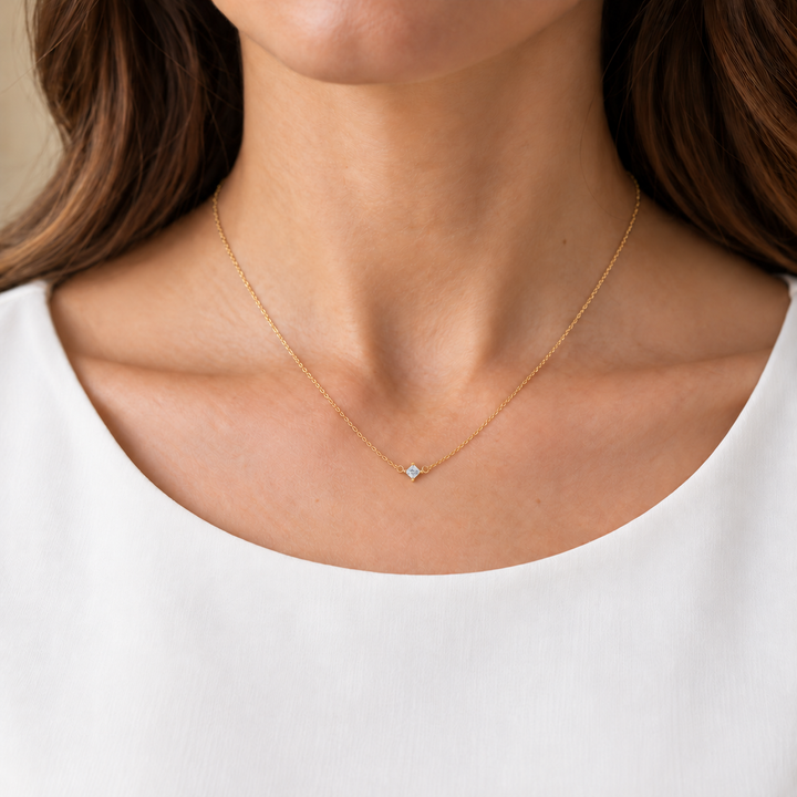 Princess Cut Diamond Floating Necklace 14K Yellow Gold .29CT