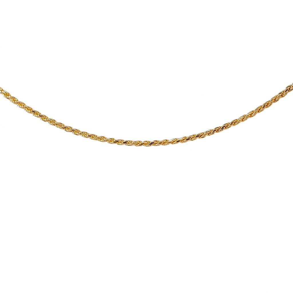 14K yellow gold rope chain necklace featuring a classic twisted rope design, 1.2MM width, and 24.5-inch length.