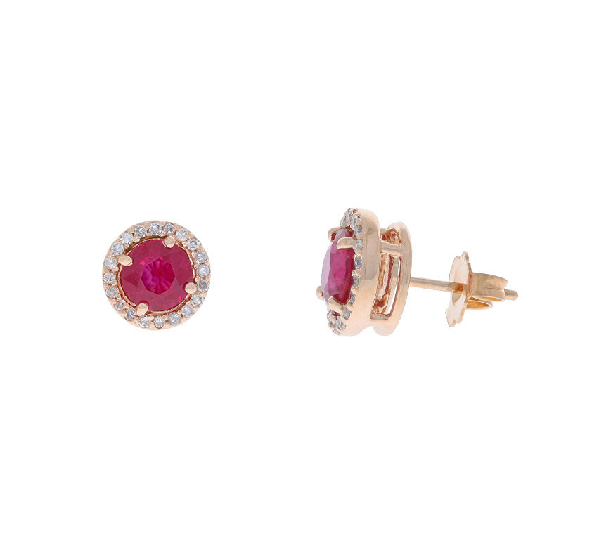 Ruby Glass Filled Diamond Halo Stud Earrings 14K Rose Gold