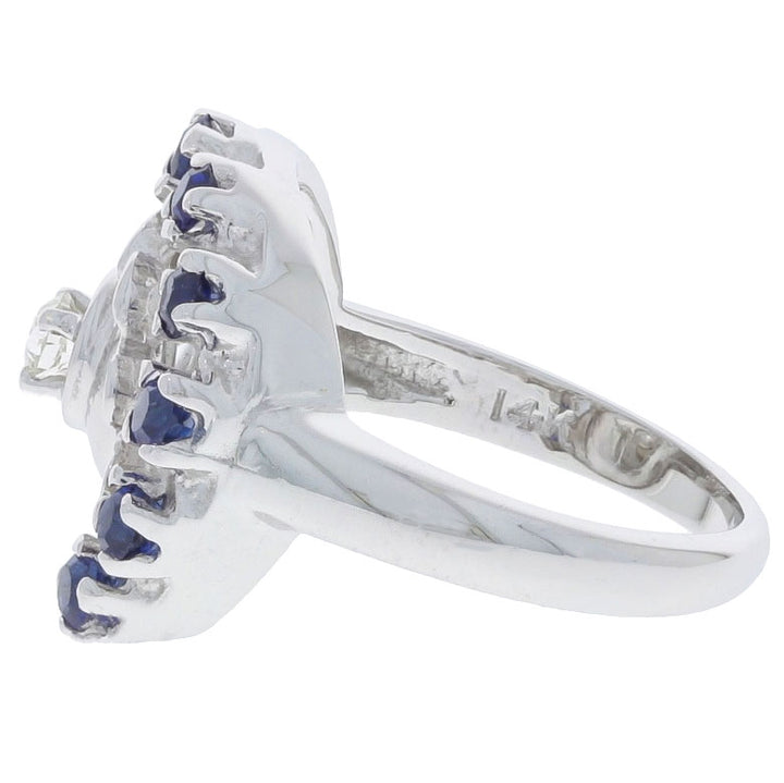 Old European Cut Diamond Blue Sapphire Ring 14K White Gold