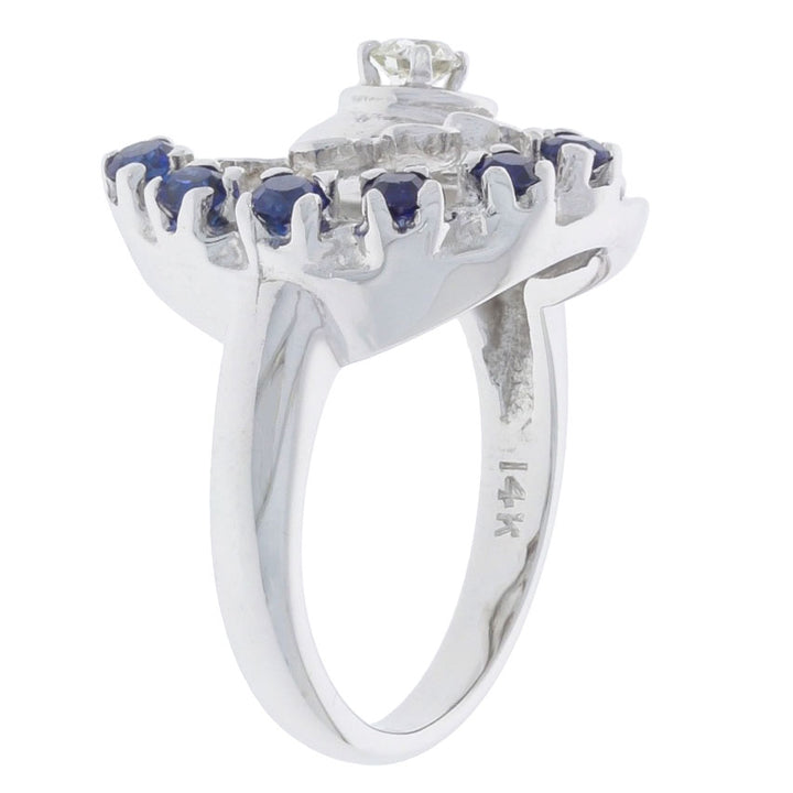 Old European Cut Diamond Blue Sapphire Ring 14K White Gold