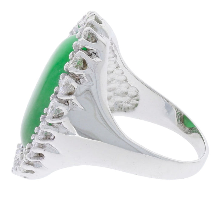 Oval Apple Jade Diamond Halo Ring 14K White Gold
