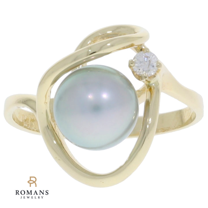 Freeform Silver Pearl Diamond Ring 14K Yellow Gold