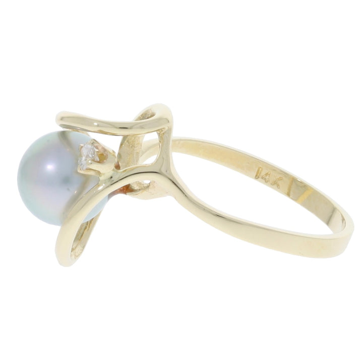 Freeform Silver Pearl Diamond Ring 14K Yellow Gold
