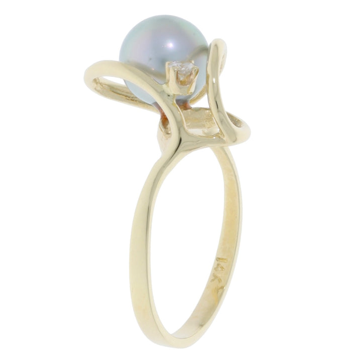Freeform Silver Pearl Diamond Ring 14K Yellow Gold