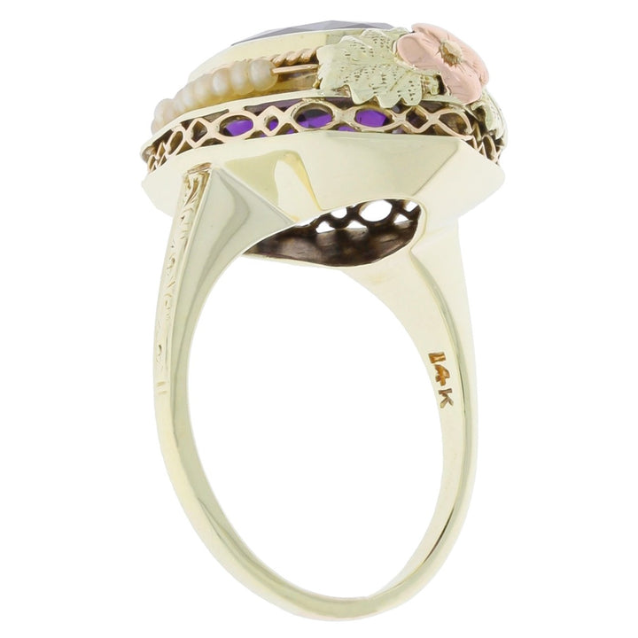 Amethyst Polygonal Seed Pearl Ring 14K Yellow Gold