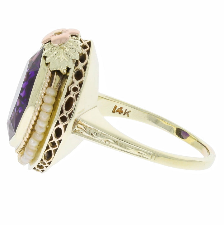Amethyst Polygonal Seed Pearl Ring 14K Yellow Gold