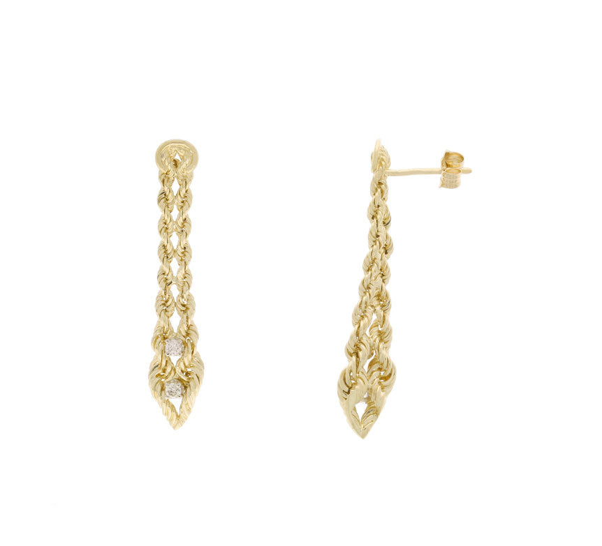 Braided Rope Chain Drop Diamond Earrings 14K Yellow Gold .08CTW