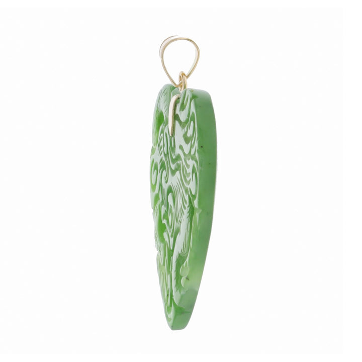 Heart Dragon Carved Jade Pendant 14K Yellow Gold