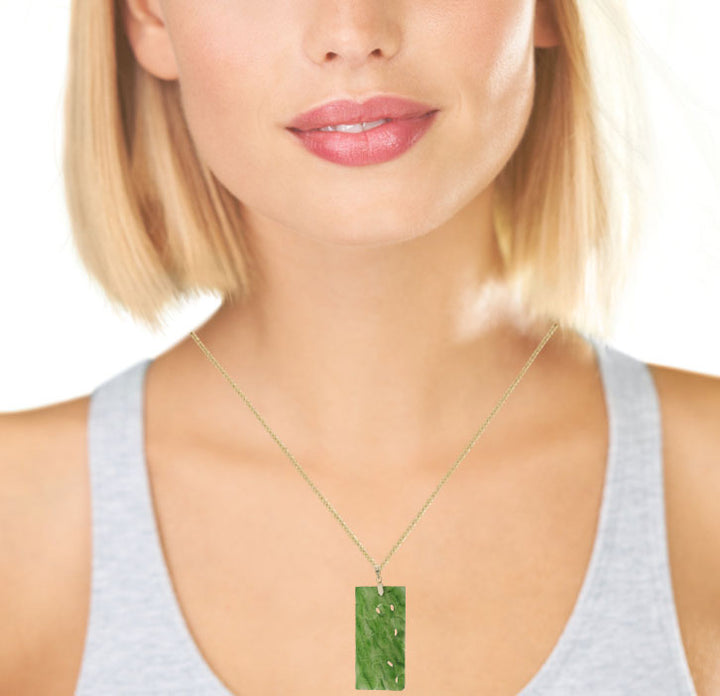 Rectangular Dragon Carved Jade Pendant 14K Yellow Gold