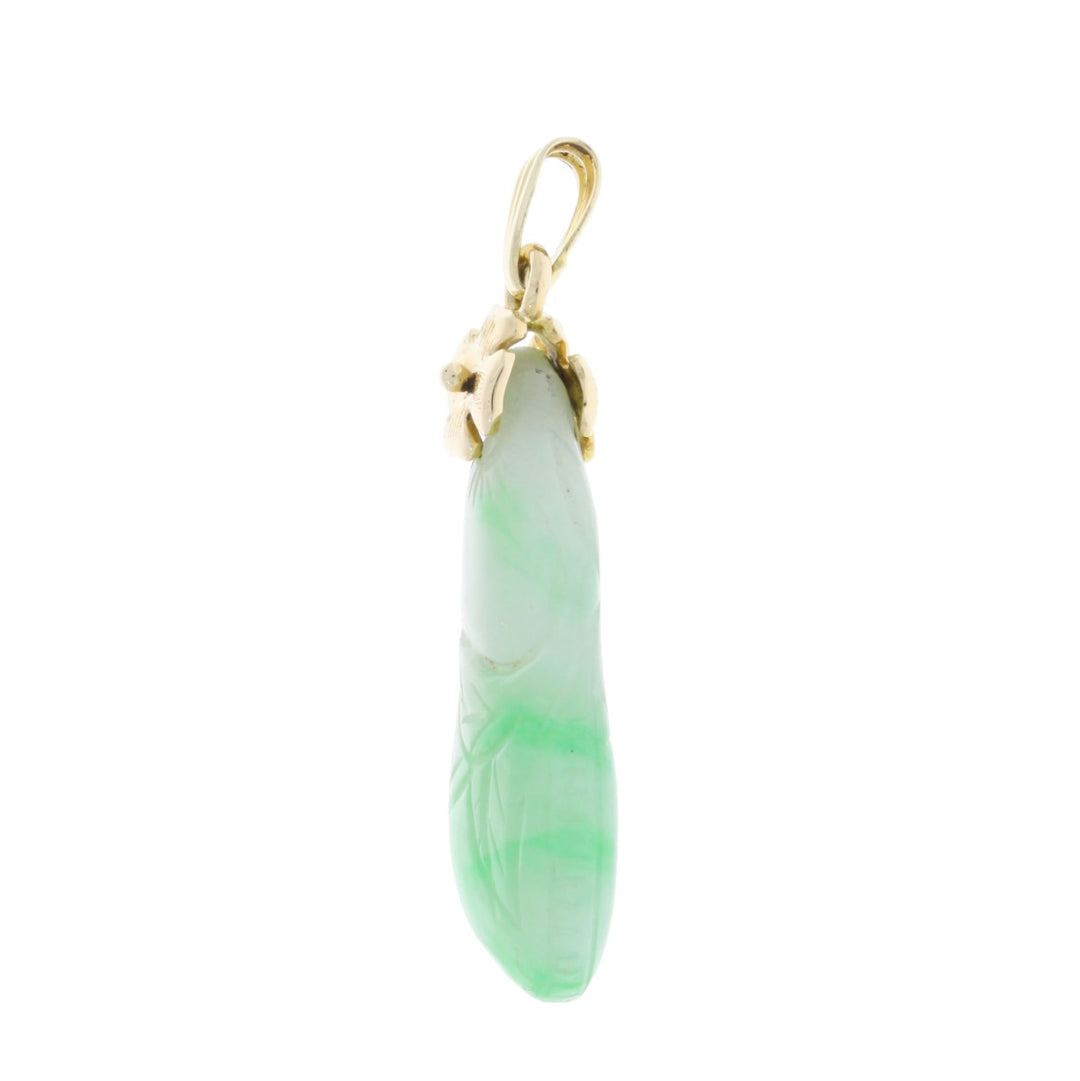 Gourd Carved Green Jade Pendant 14K Yellow Gold
