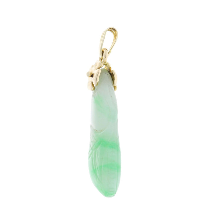 Gourd Carved Green Jade Pendant 14K Yellow Gold