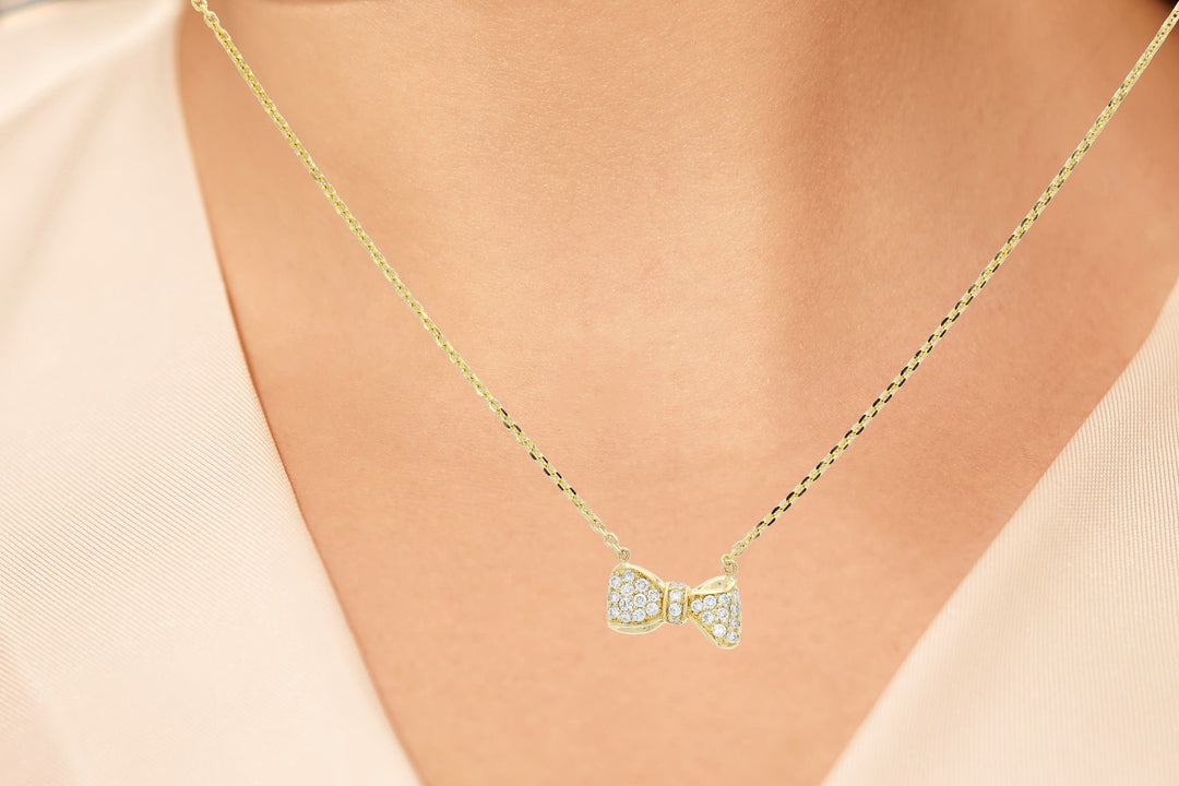 Bow Diamond Pendant Necklace 14K Yellow Gold .10CTW