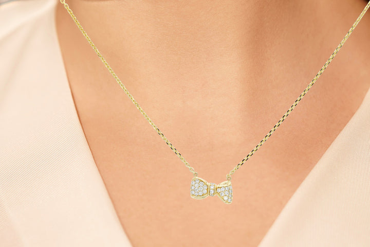 Bow Diamond Pendant Necklace 14K Yellow Gold .10CTW