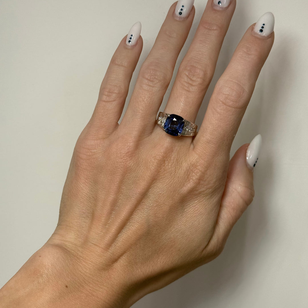 Lab Sapphire Diamond Ring 6.18CT 14K White Gold Cushion