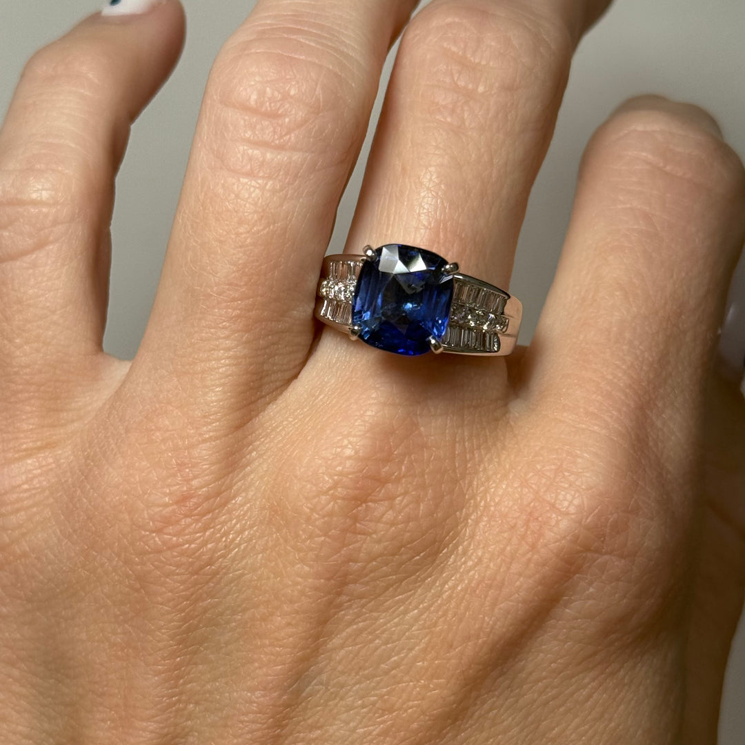 Lab Sapphire Diamond Ring 6.18CT 14K White Gold Cushion