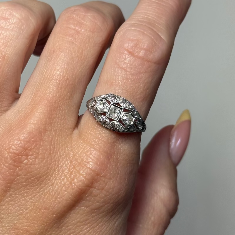 Old Mine Cut Diamond Vintage Filigree Dome Ring Platinum .60CTW