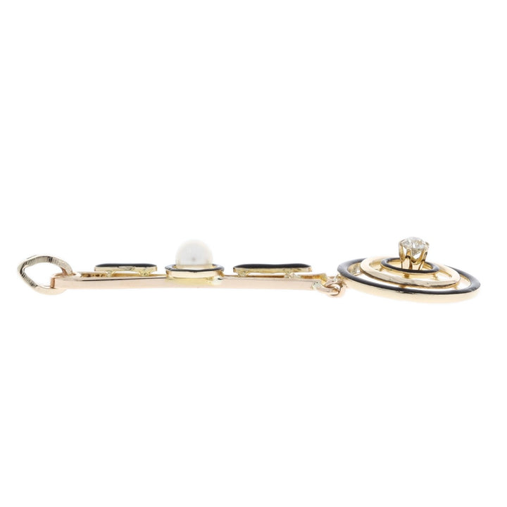 Lavalier 1890's Black Enamel Pearl Old Mine Cut Diamond Pendant 14K Yellow Gold