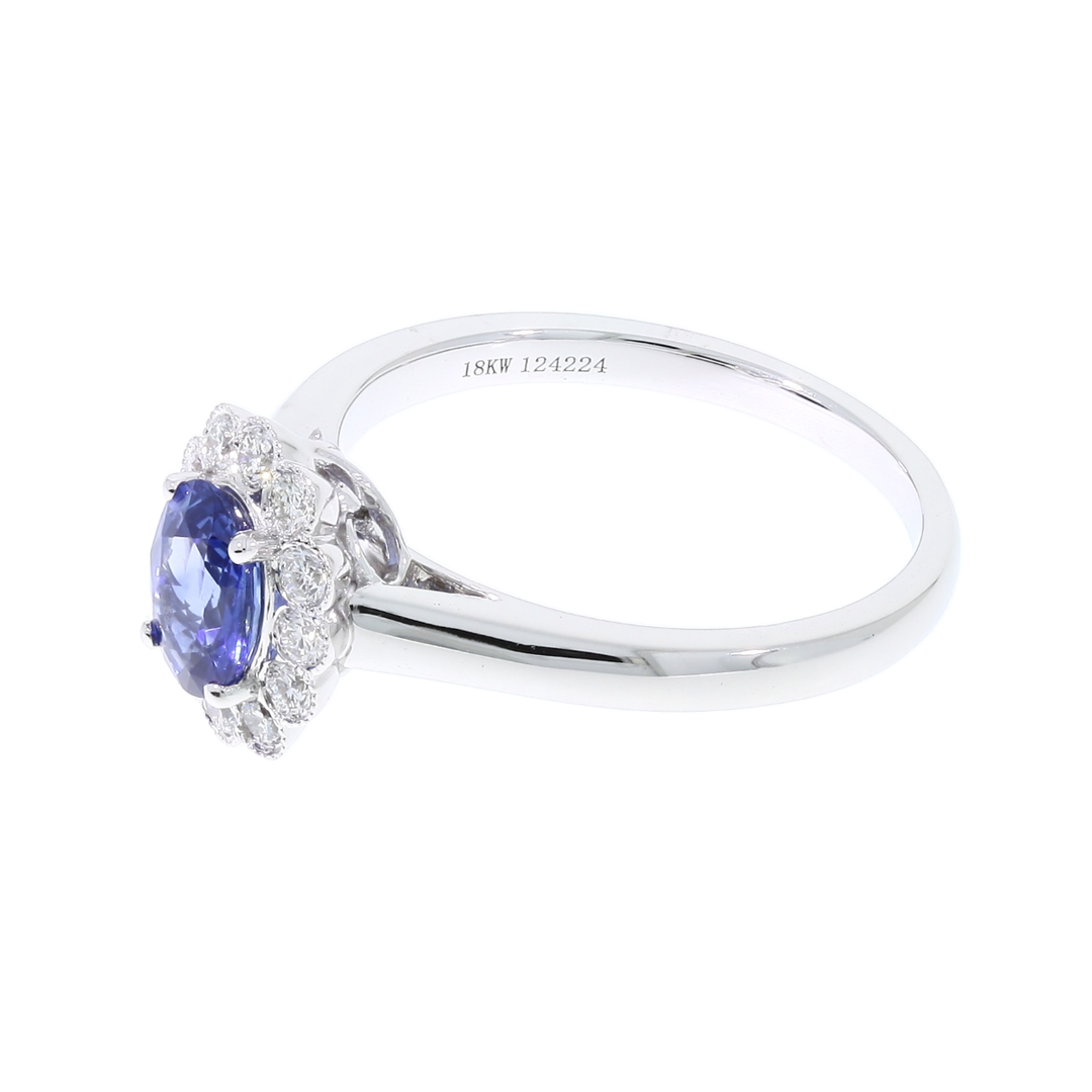 Sapphire Diamond Halo Ring 18K White Gold 1 CT