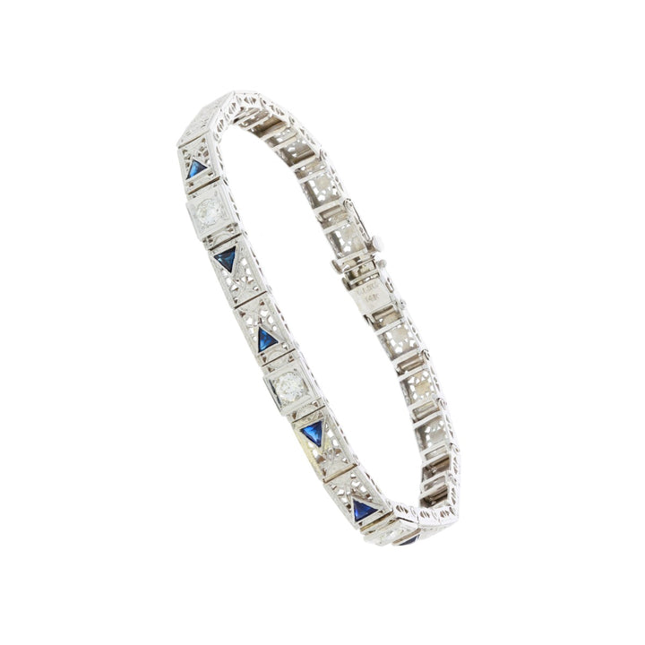 Diamond and Sapphire Filigree Bracelet Platinum 14K White Gold 1930's