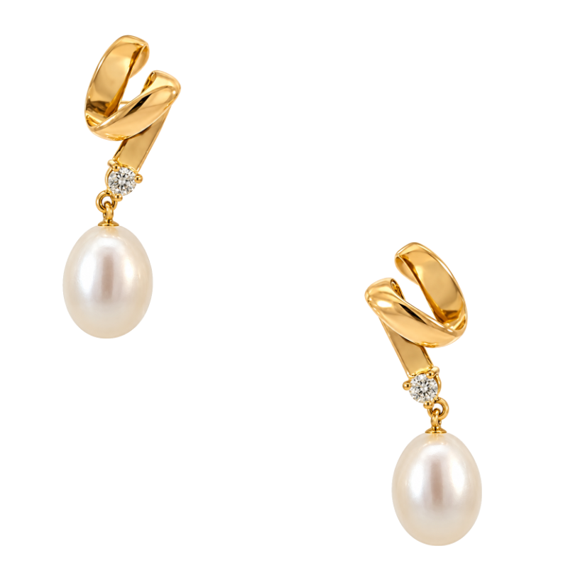 22K yellow gold pearl and diamond dangle earrings featuring lustrous pearls accented by 0.06CTW sparkling diamonds.