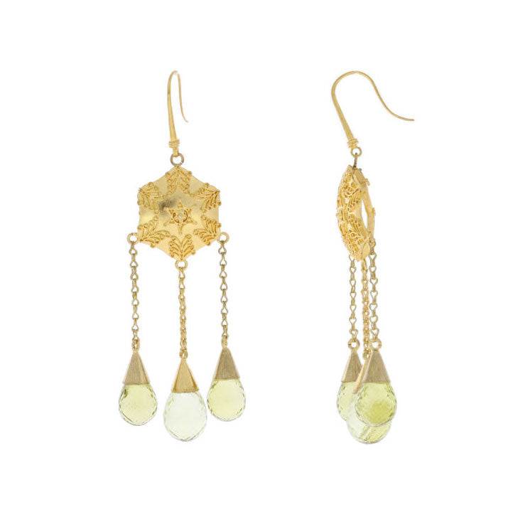 Lemon Quartz Dangling Earrings 22K Yellow Gold 42CTW