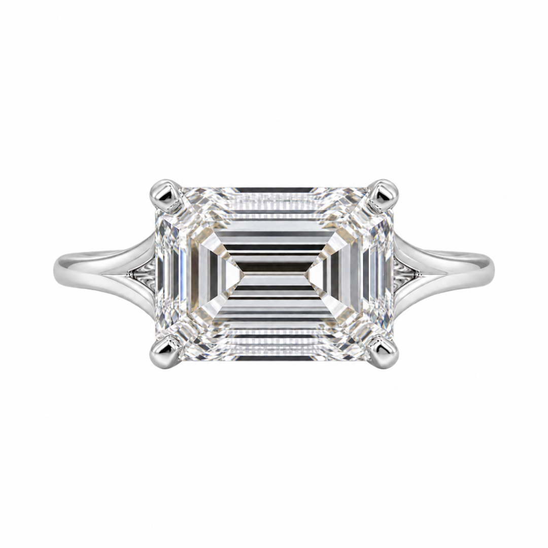Emilia 2.52CT emerald cut lab grown diamond solitaire engagement ring in polished 14K white gold.