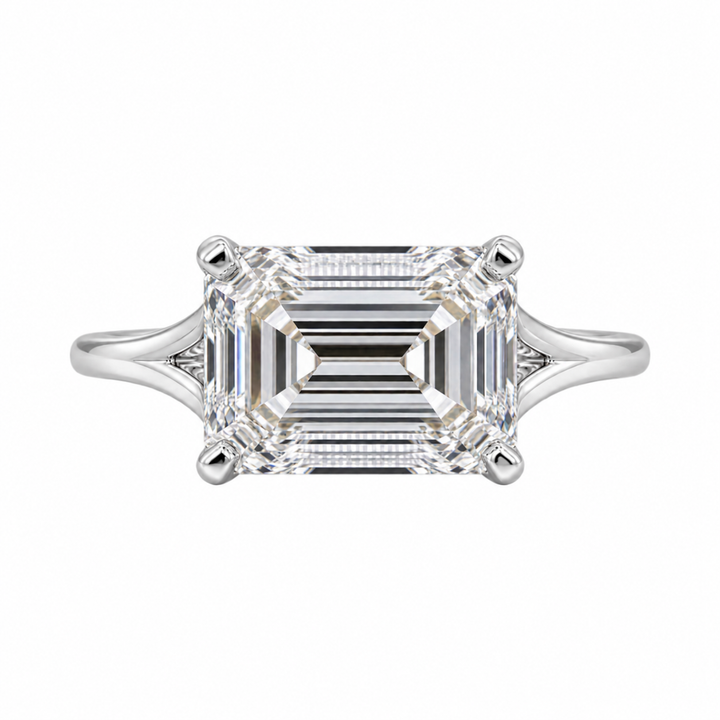 Emilia 2.52CT emerald cut lab grown diamond solitaire engagement ring in polished 14K white gold.