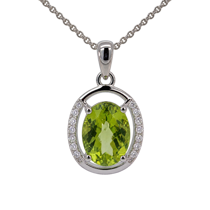 Oval Peridot Diamond Halo Pendant 1.78CT 14K White Gold