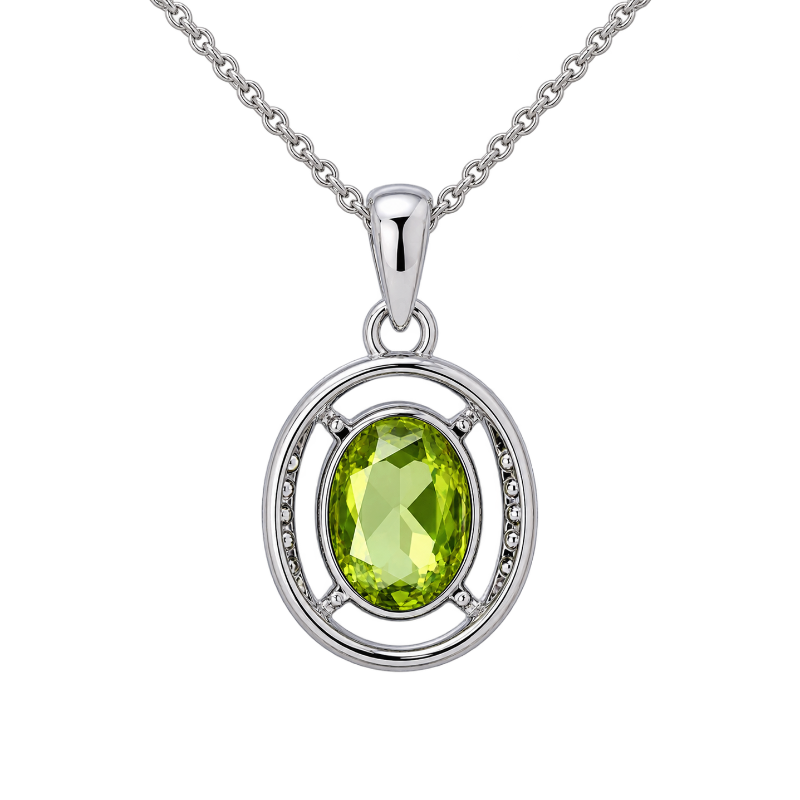 Oval Peridot Diamond Halo Pendant 1.78CT 14K White Gold
