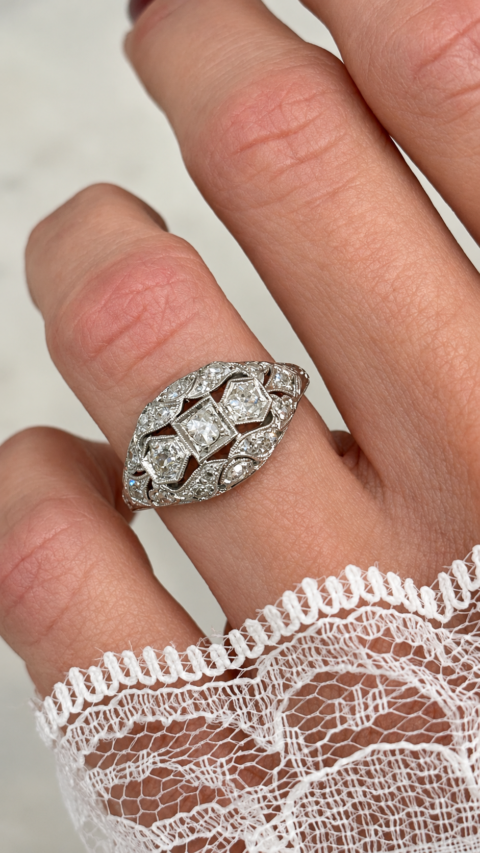 Old Mine Cut Diamond Vintage Filigree Dome Ring Platinum .60CTW