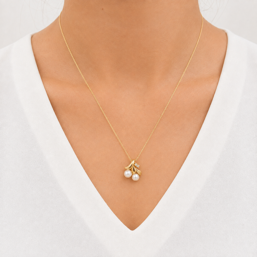 Pearl Diamond Fruit Pendant 14K Yellow Gold