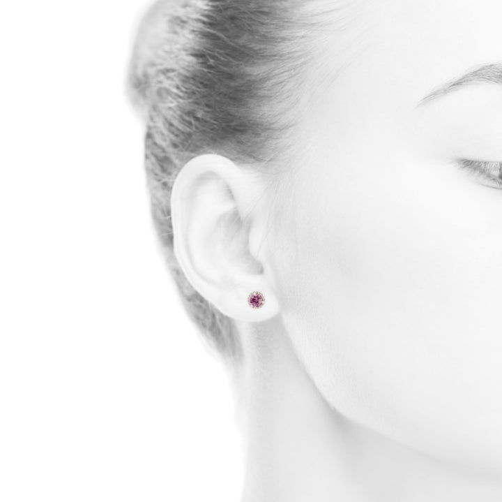 Tanzanian Cranberry Rhodolite Garnet Diamond Halo Stud Earrings 14K White Gold