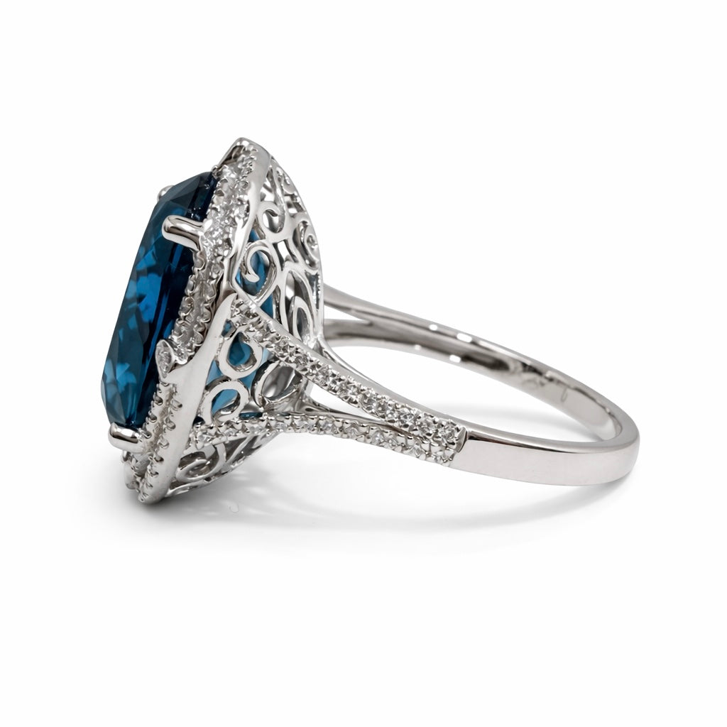 London Blue Topaz Diamond Ring 14K White Gold 15CT