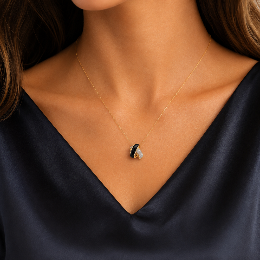 Onyx Diamond Intertwined Pendant .21CTW 18K Yellow Gold