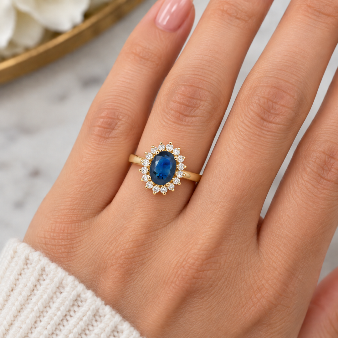 Sapphire Diamond Halo Ring 14K Yellow Gold 2.14CT