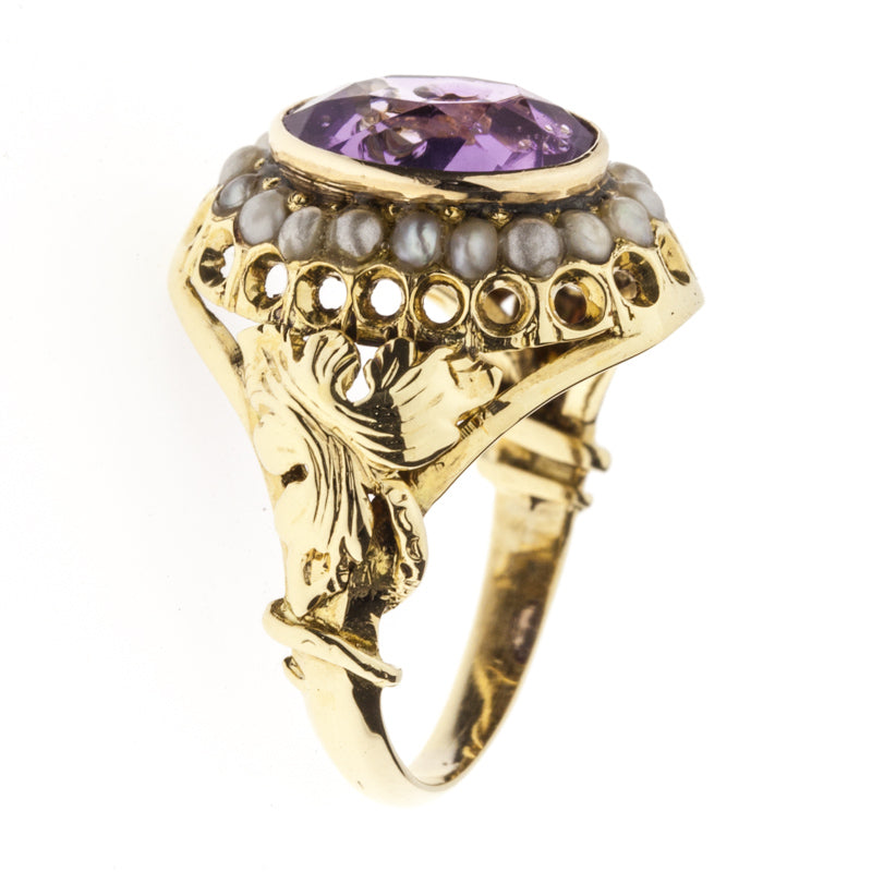 Amethyst Pearl Ring 1930's 14K Yellow Gold 2.50CT