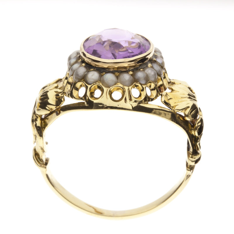 Amethyst Pearl Ring 1930's 14K Yellow Gold 2.50CT